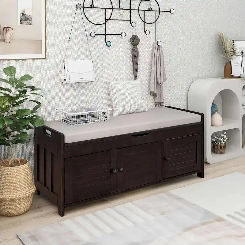 Farmhouse 3-Door Upholstered Shoe Bench with Removable Cushion and Hidden Storage Space