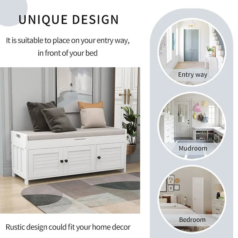 Farmhouse 3-Door Upholstered Shoe Bench with Removable Cushion and Hidden Storage Space