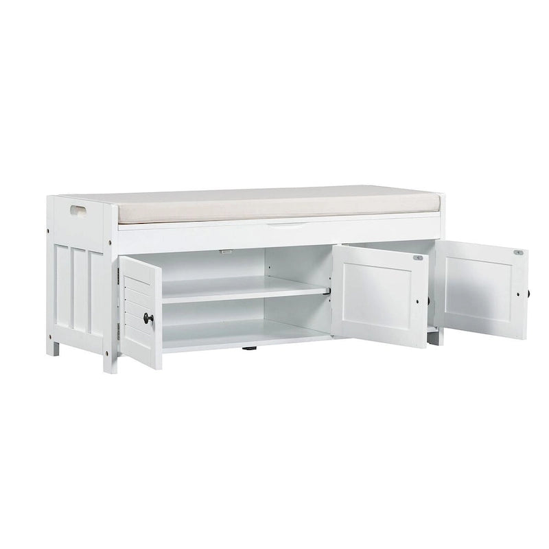 Farmhouse 3-Door Upholstered Shoe Bench with Removable Cushion and Hidden Storage Space