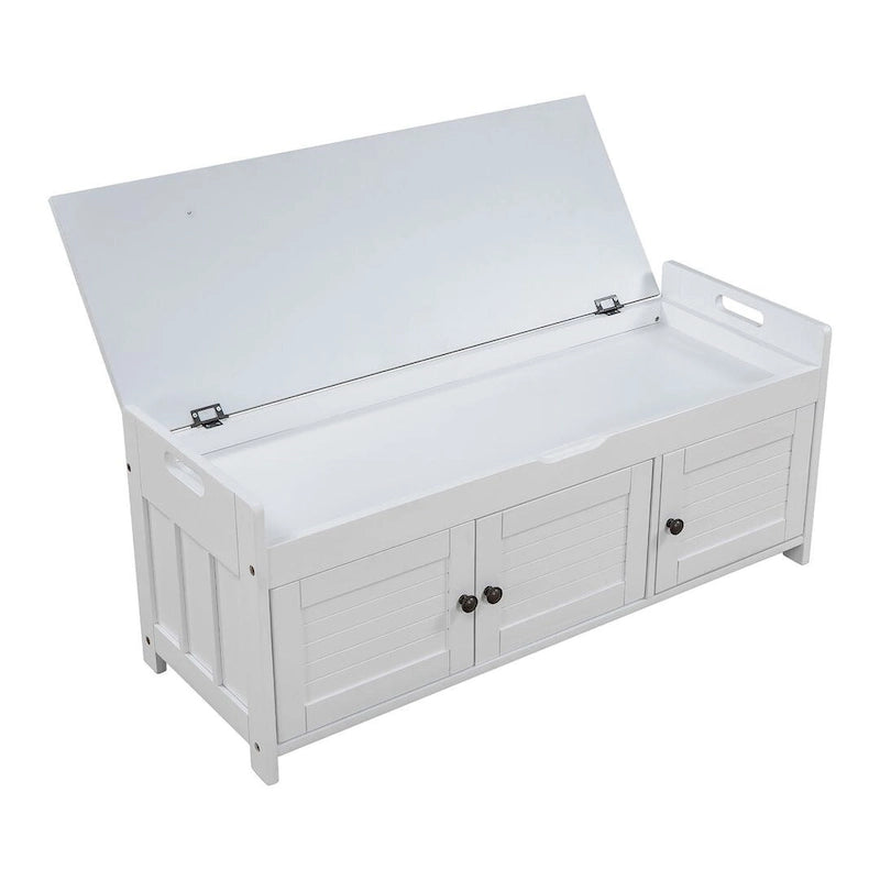 Farmhouse 3-Door Upholstered Shoe Bench with Removable Cushion and Hidden Storage Space