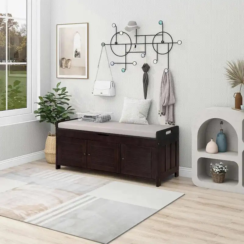 Farmhouse 3-Door Upholstered Shoe Bench with Removable Cushion and Hidden Storage Space