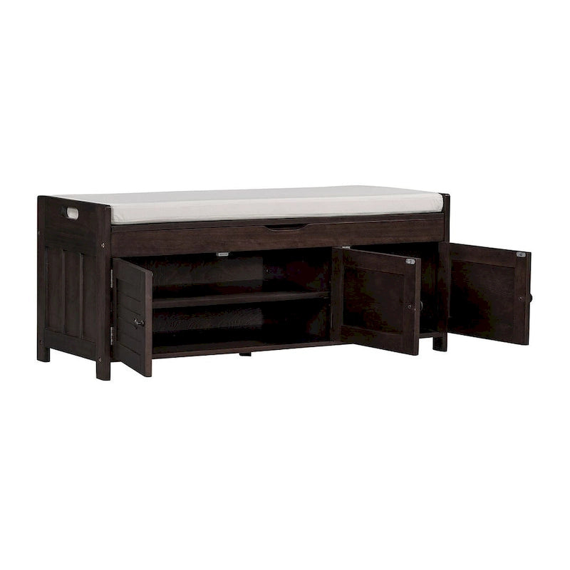 Farmhouse 3-Door Upholstered Shoe Bench with Removable Cushion and Hidden Storage Space