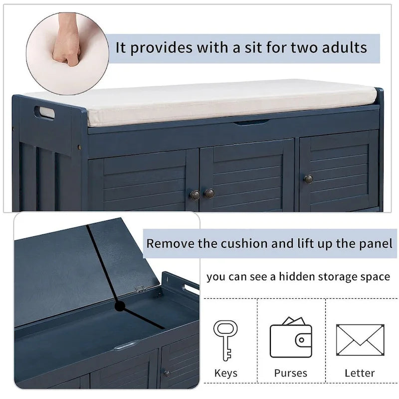 Farmhouse 3-Door Upholstered Shoe Bench with Removable Cushion and Hidden Storage Space