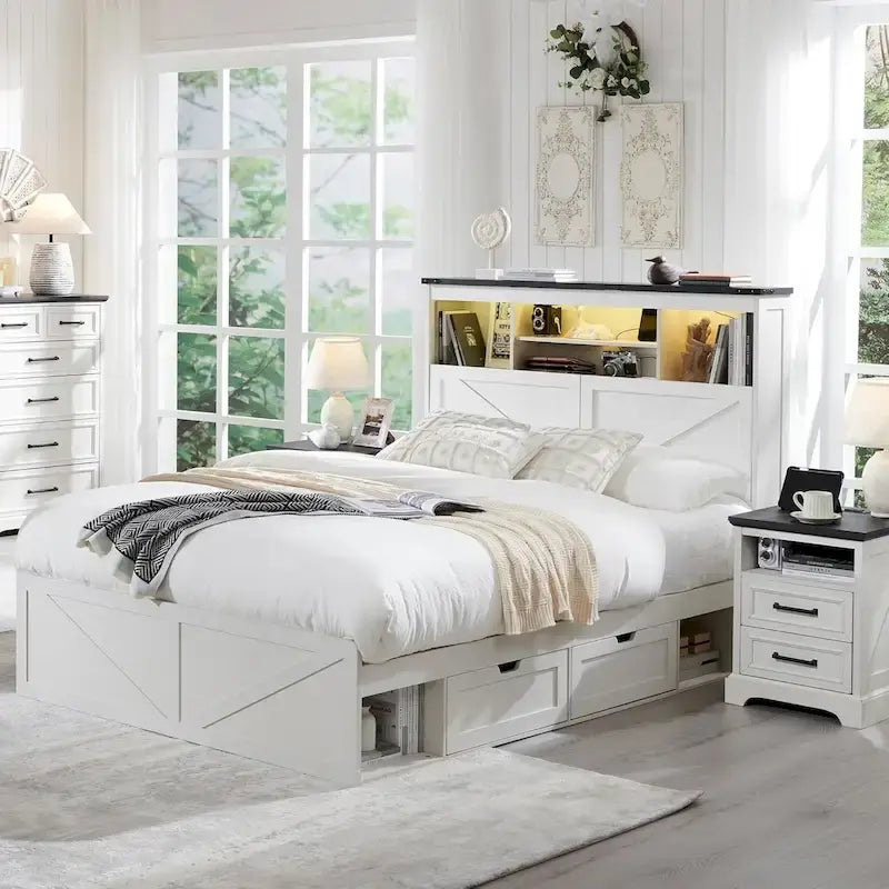 Farmhouse Queen Size Wood Bed Frame with Storage Headboard and Drawers