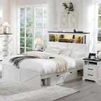 Farmhouse Queen Size Wood Bed Frame with Storage Headboard and Drawers