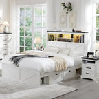 Farmhouse Queen Size Wood Bed Frame with Storage Headboard and Drawers