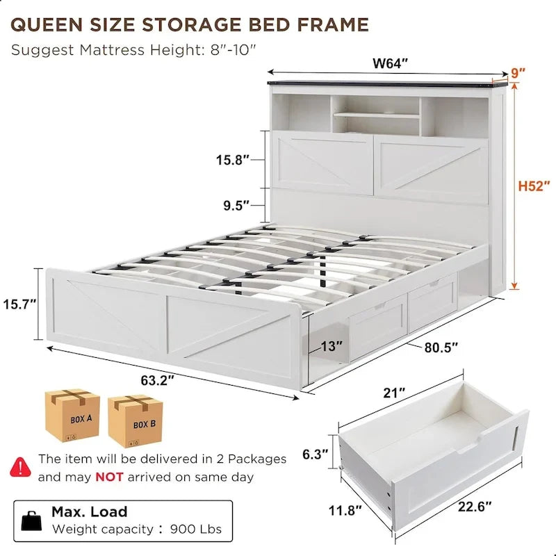 Farmhouse Queen Size Wood Bed Frame with Storage Headboard and Drawers