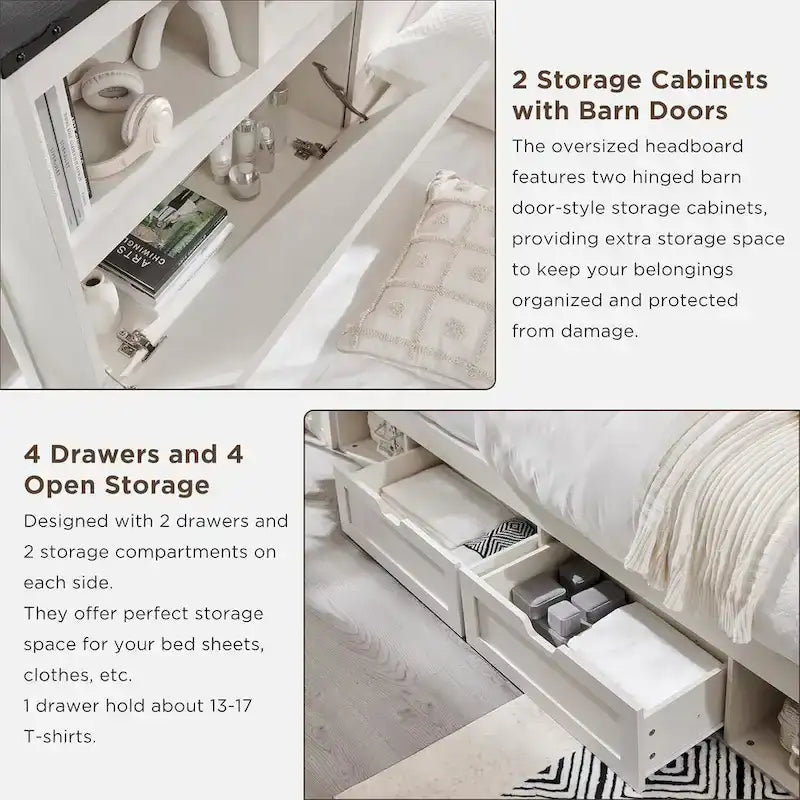 Farmhouse Queen Size Wood Bed Frame with Storage Headboard and Drawers