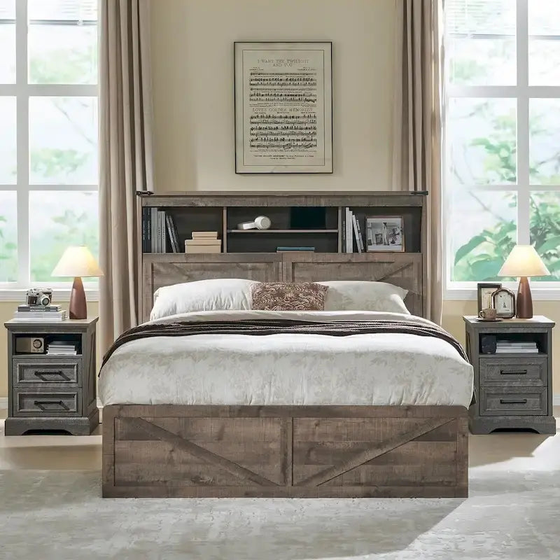 Farmhouse Queen Size Wood Bed Frame with Storage Headboard and Drawers