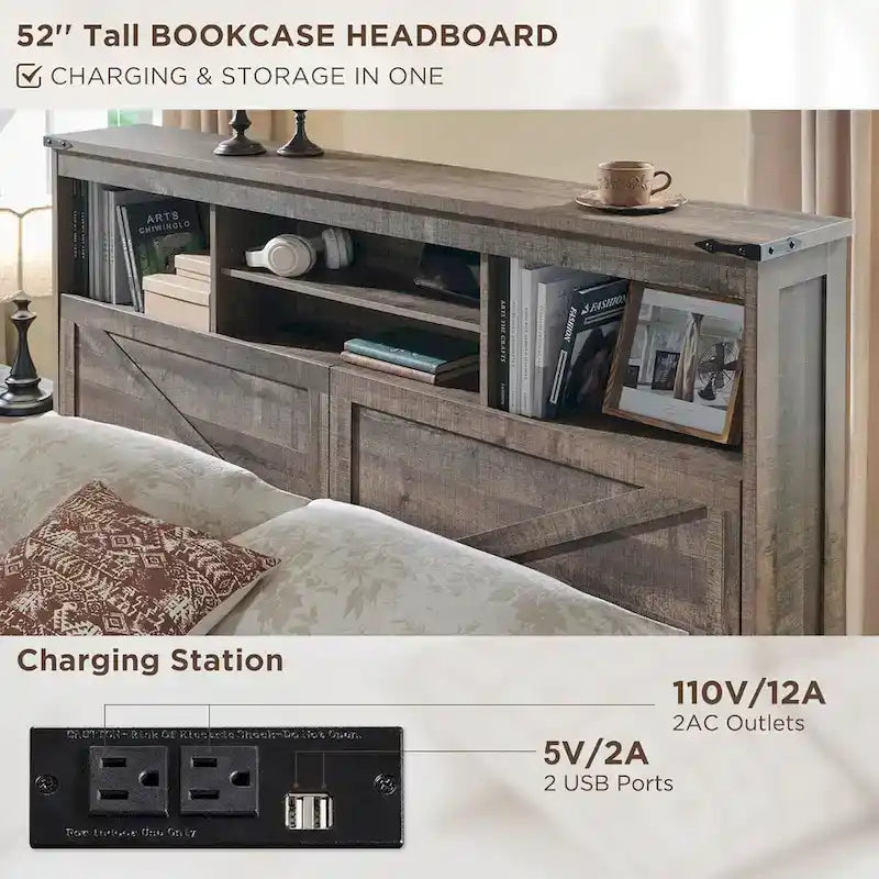 Farmhouse Queen Size Wood Bed Frame with Storage Headboard and Drawers