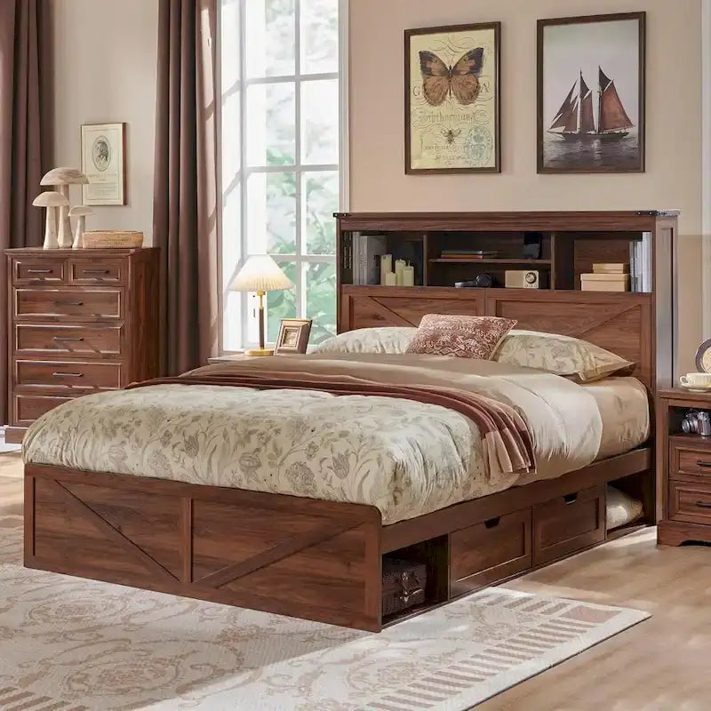 Farmhouse Queen Size Wood Bed Frame with Storage Headboard and Drawers
