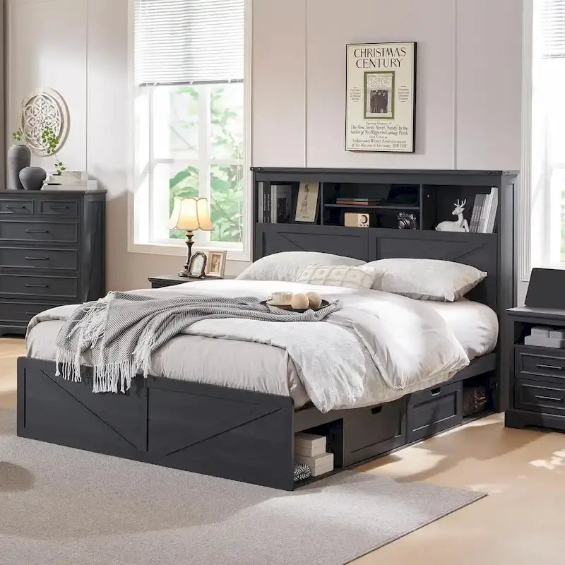 Farmhouse Queen Size Wood Bed Frame with Storage Headboard and Drawers