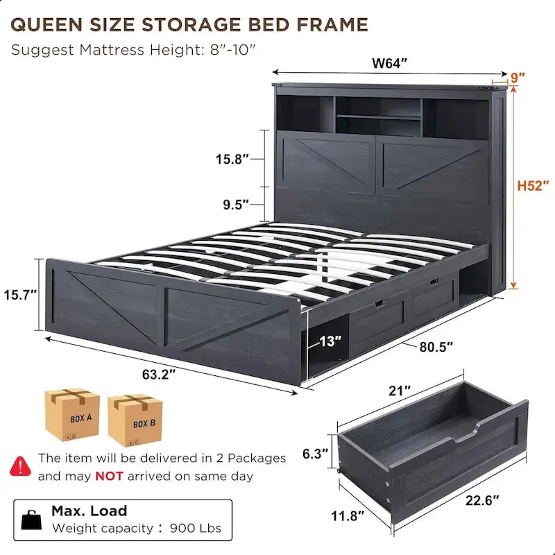 Farmhouse Queen Size Wood Bed Frame with Storage Headboard and Drawers