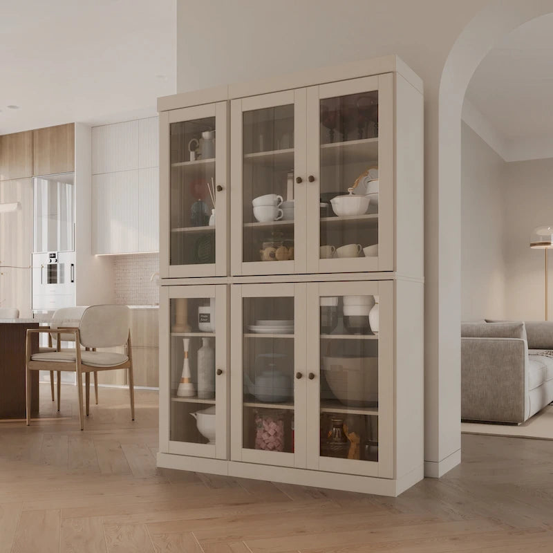 100% Solid Wood 48.5 Pantry Cabinet with Clear Glass Doors and Adjustable Shelves