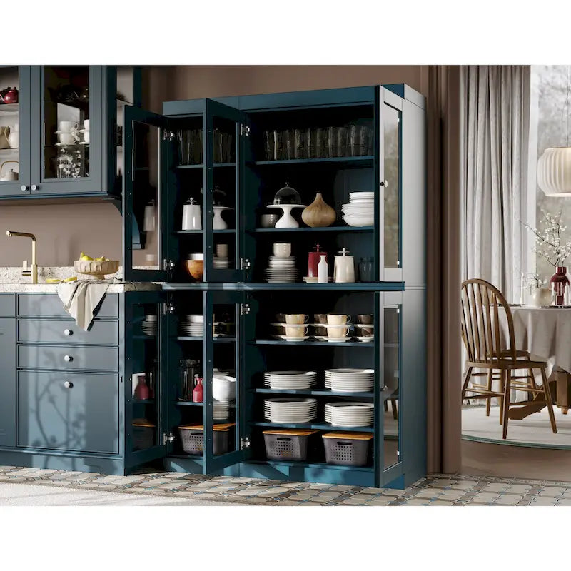 100% Solid Wood 48.5 Pantry Cabinet with Clear Glass Doors and Adjustable Shelves