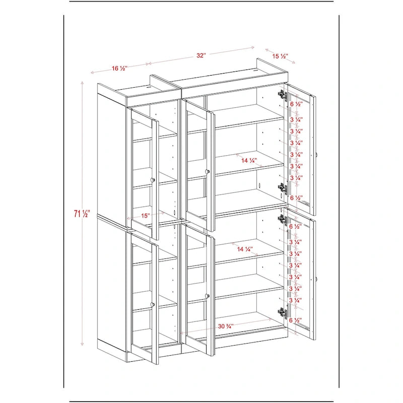 100% Solid Wood 48.5 Pantry Cabinet with Clear Glass Doors and Adjustable Shelves