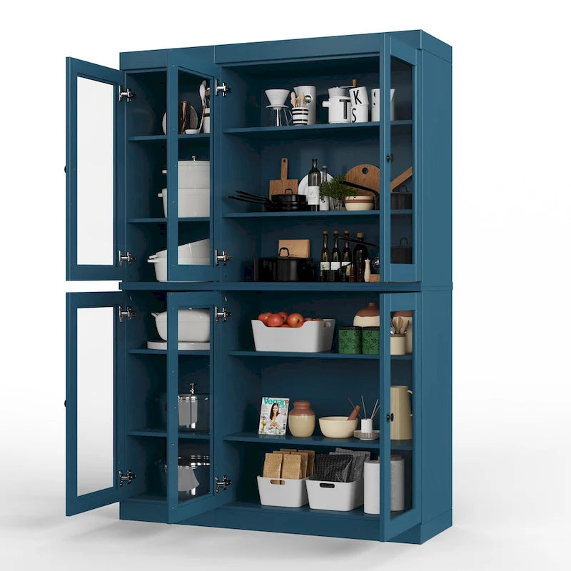 100% Solid Wood 48.5 Pantry Cabinet with Clear Glass Doors and Adjustable Shelves