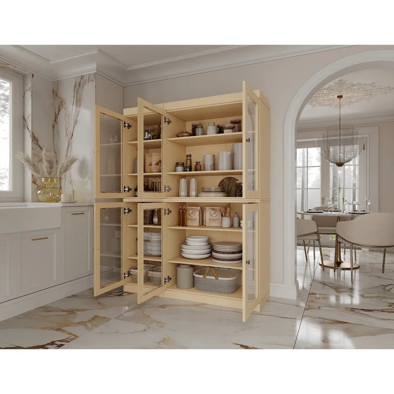 100% Solid Wood 48.5 Pantry Cabinet with Clear Glass Doors and Adjustable Shelves
