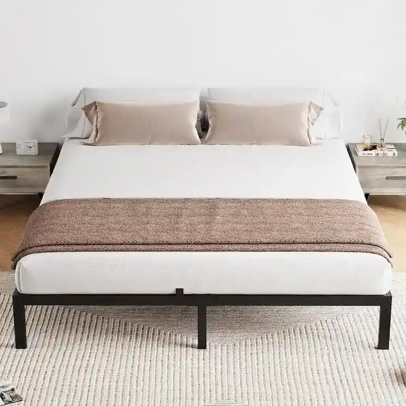 Bed Frame No Box Spring Needed, Heavy Duty Queen Platform Metal Bed Frame with Metal Slats