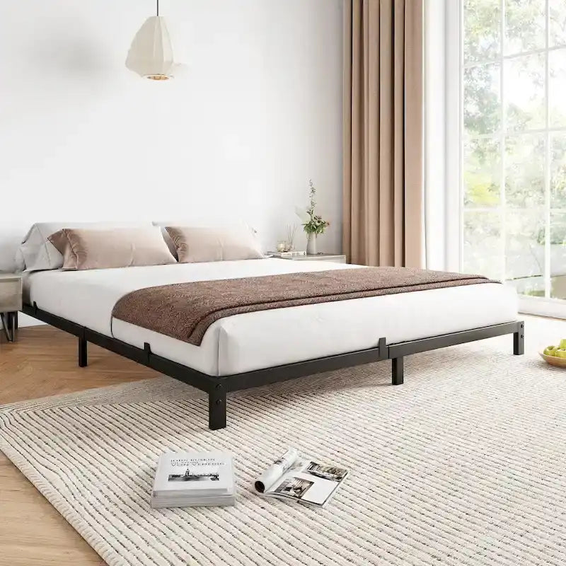 Bed Frame No Box Spring Needed, Heavy Duty Queen Platform Metal Bed Frame with Metal Slats
