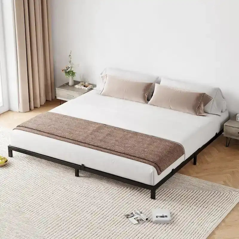 Bed Frame No Box Spring Needed, Heavy Duty Queen Platform Metal Bed Frame with Metal Slats