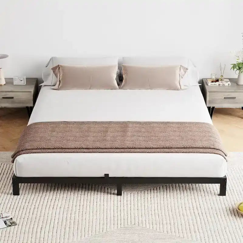 Bed Frame No Box Spring Needed, Heavy Duty Queen Platform Metal Bed Frame with Metal Slats
