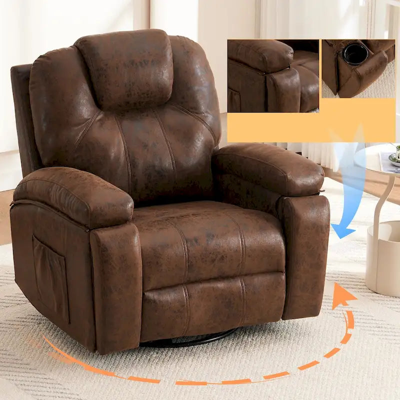 Oversize Swivel Recliner Sofa Chair with Cup Holder and Side Pocket