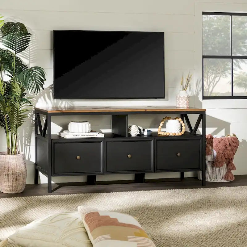 60-inch Rustic Three Drawer TV Stand With Cubbies