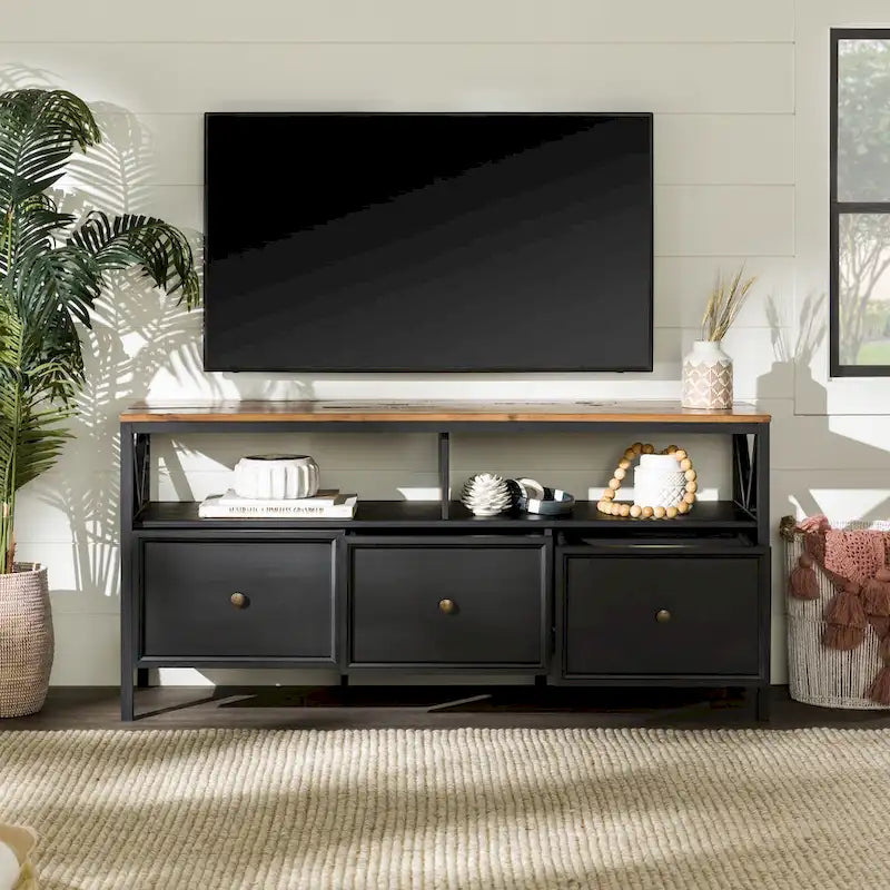 60-inch Rustic Three Drawer TV Stand With Cubbies