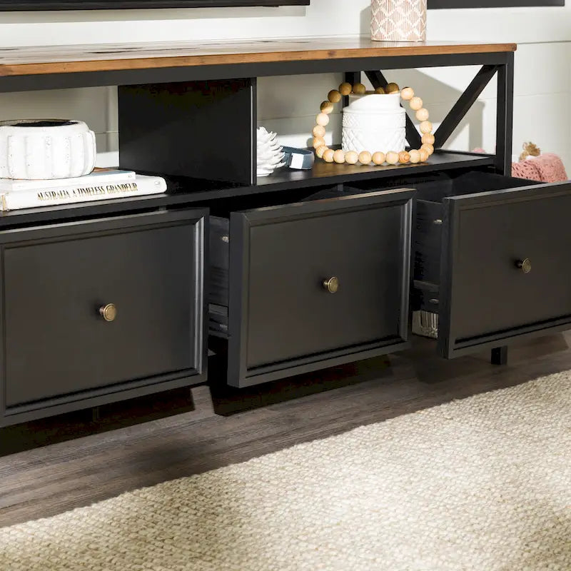 60-inch Rustic Three Drawer TV Stand With Cubbies