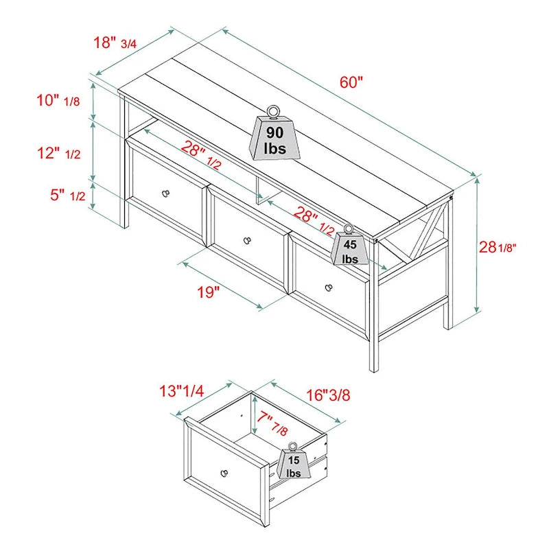 60-inch Rustic Three Drawer TV Stand With Cubbies