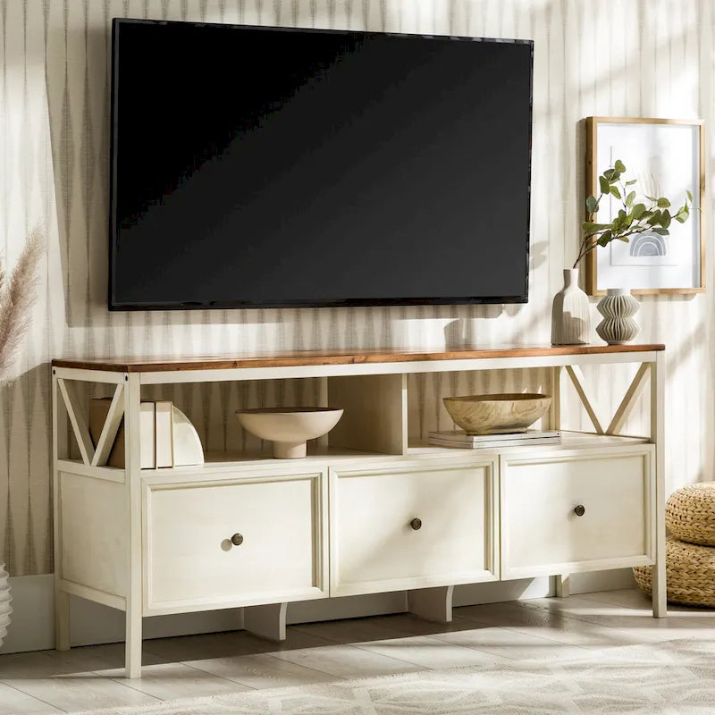 60-inch Rustic Three Drawer TV Stand With Cubbies