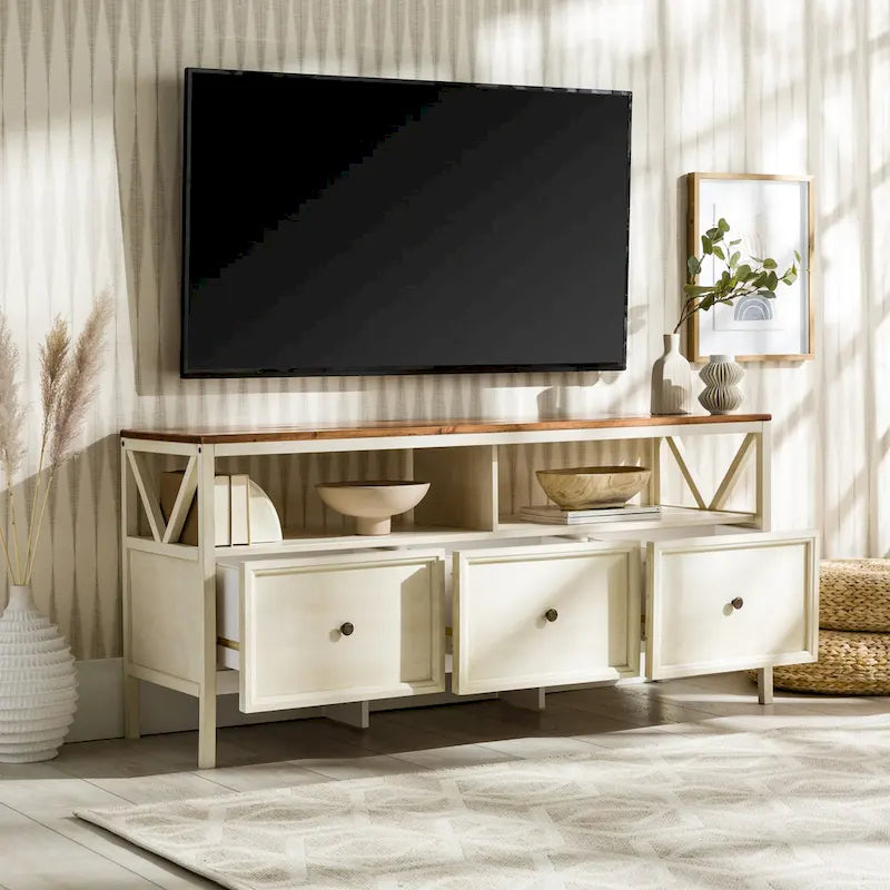 60-inch Rustic Three Drawer TV Stand With Cubbies
