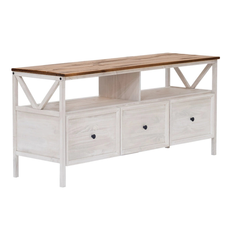 60-inch Rustic Three Drawer TV Stand With Cubbies