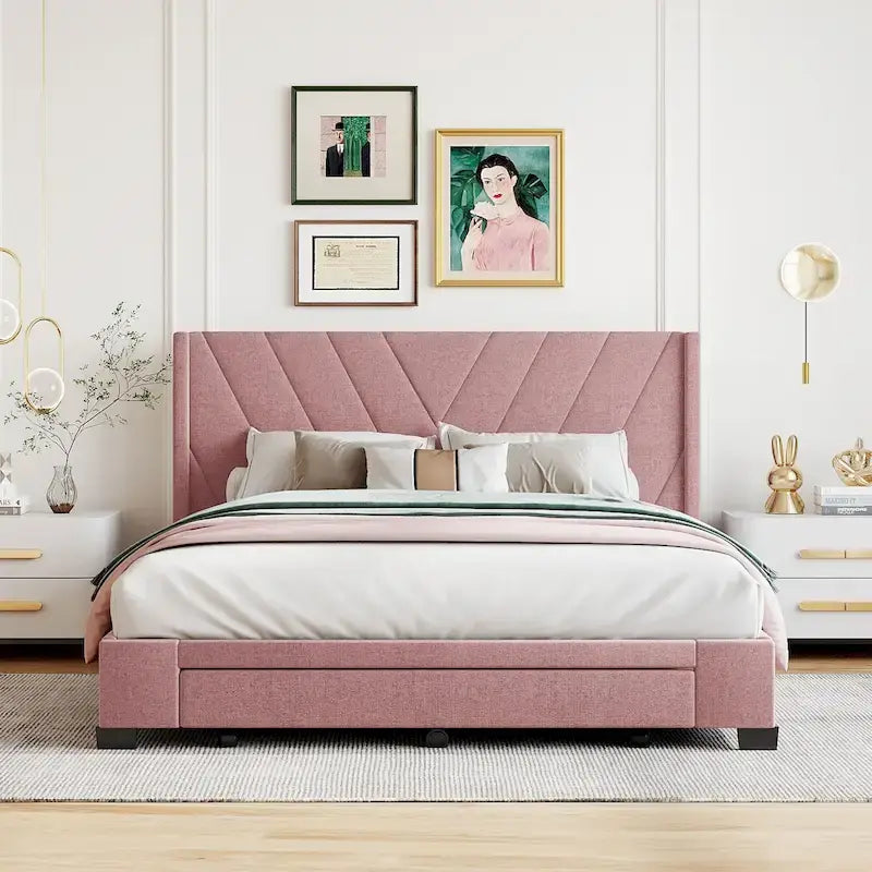Queen Size Storage Bed Linen Upholstered Platform Bed with 3 Drawers