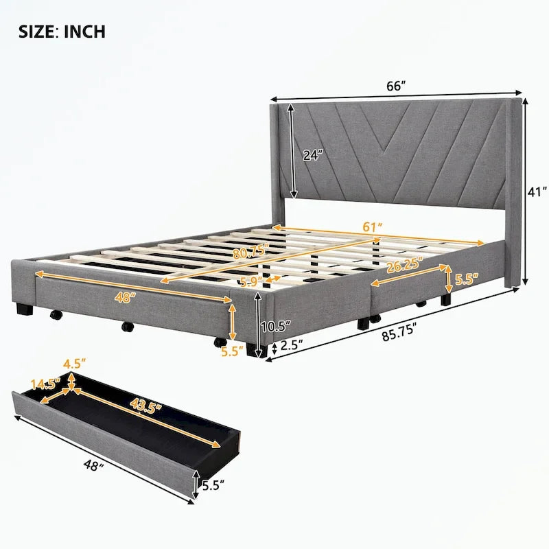 Queen Size Storage Bed Linen Upholstered Platform Bed with 3 Drawers
