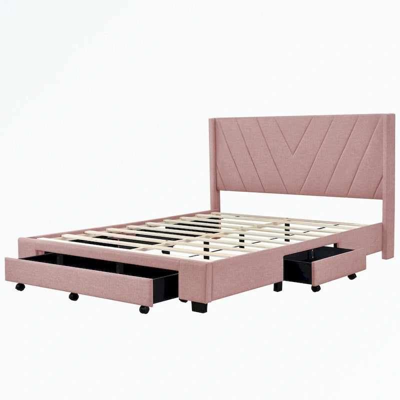 Queen Size Storage Bed Linen Upholstered Platform Bed with 3 Drawers