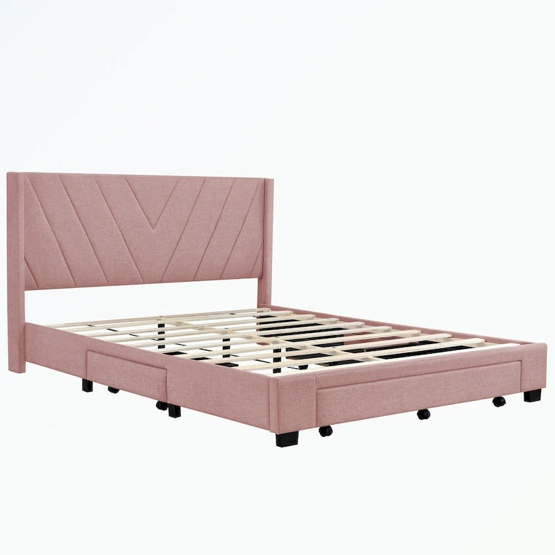 Queen Size Storage Bed Linen Upholstered Platform Bed with 3 Drawers