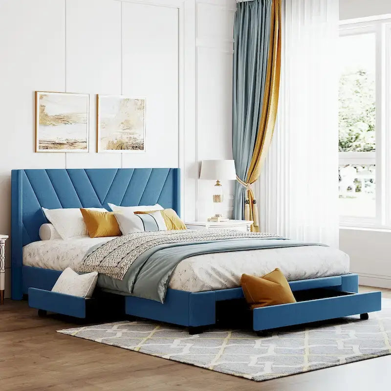 Queen Size Storage Bed Linen Upholstered Platform Bed with 3 Drawers