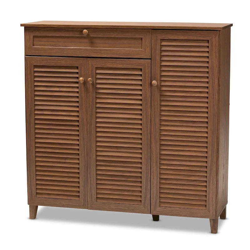Contemporary 11-shelf Wood Shoe Storage Cabinet with Drawer