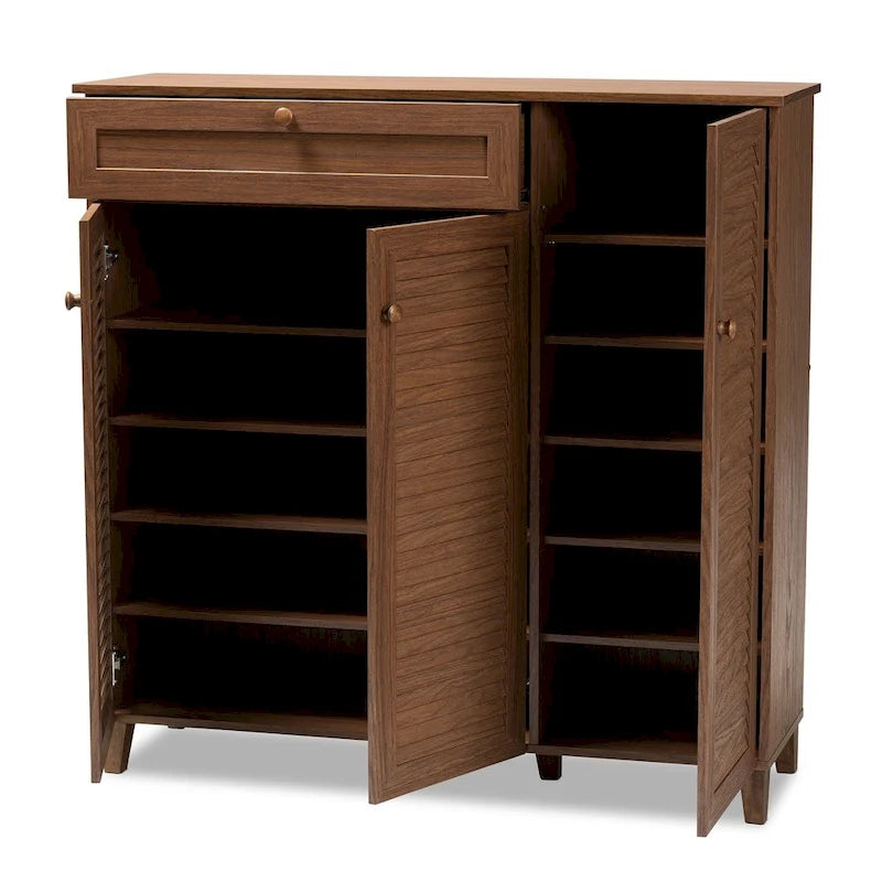 Contemporary 11-shelf Wood Shoe Storage Cabinet with Drawer
