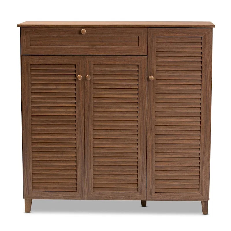 Contemporary 11-shelf Wood Shoe Storage Cabinet with Drawer