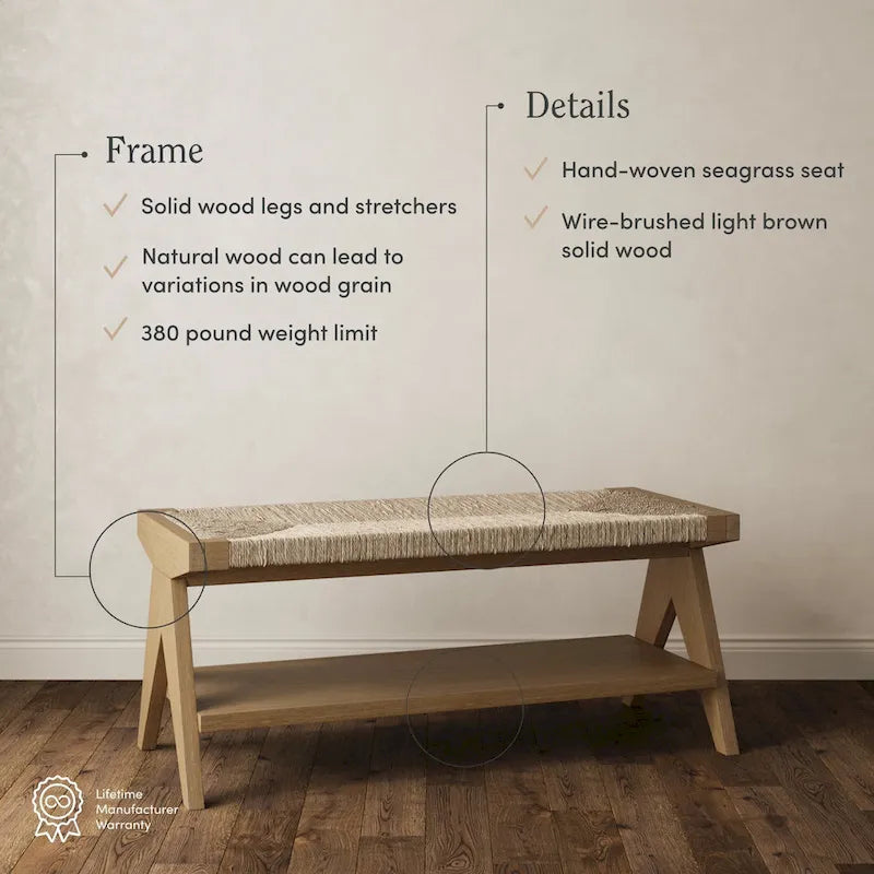Bohemian Bench Seat with Shoe Storage, Seagrass Entryway or End of Bed Bench with Solid Wood Frame