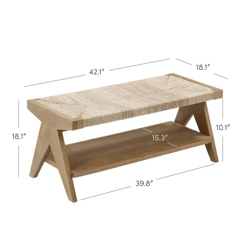 Bohemian Bench Seat with Shoe Storage, Seagrass Entryway or End of Bed Bench with Solid Wood Frame