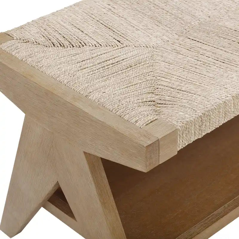 Bohemian Bench Seat with Shoe Storage, Seagrass Entryway or End of Bed Bench with Solid Wood Frame