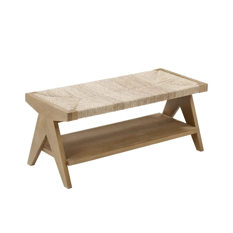 Bohemian Bench Seat with Shoe Storage, Seagrass Entryway or End of Bed Bench with Solid Wood Frame