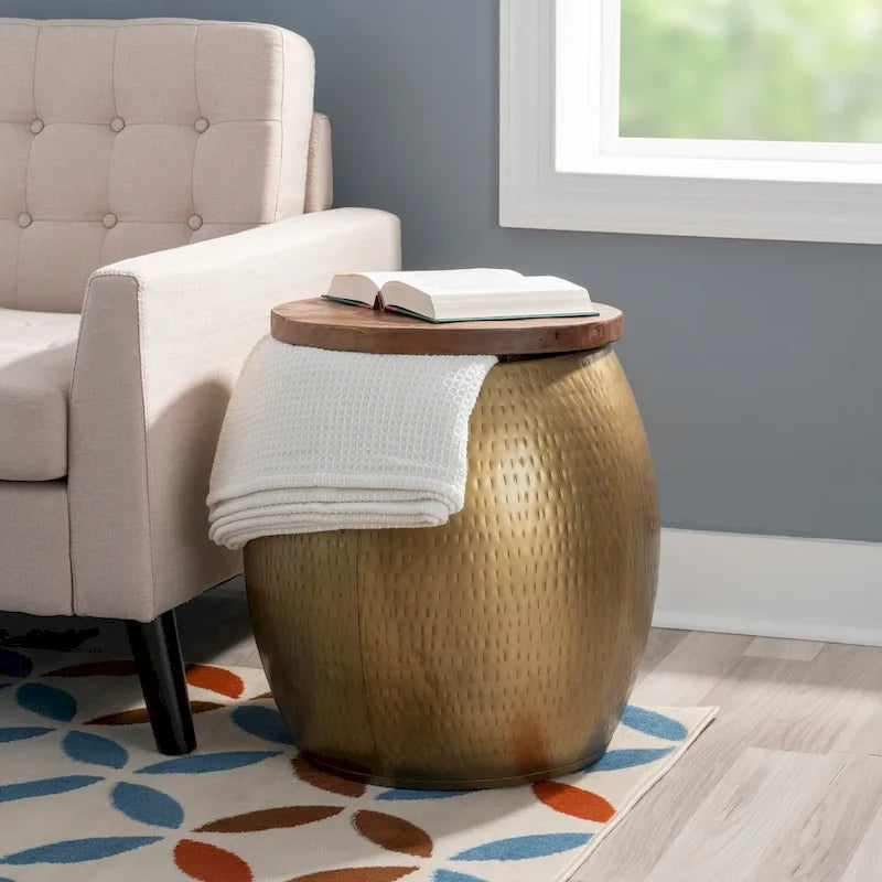 Drum Side Table with Storage Gold