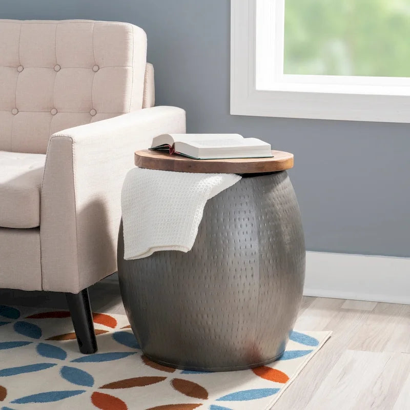Drum Side Table with Storage Gold