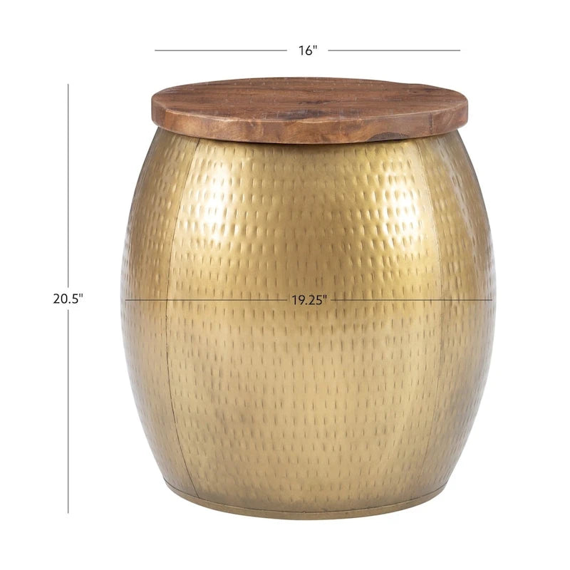 Drum Side Table with Storage Gold