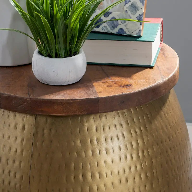 Drum Side Table with Storage Gold